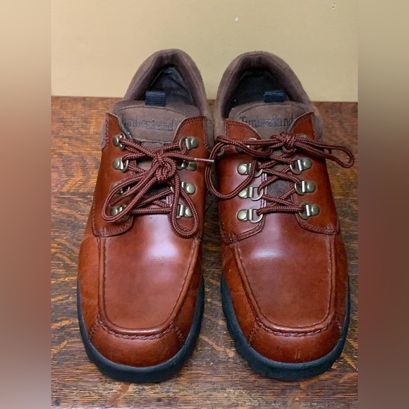 Men’s 9 Timberland Low/Mid Brown Leather Lug Sole Outdoorsman Woods Loafer Shoes - Picture 6 of 16